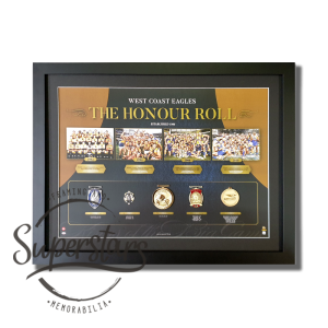West Coast Eagles memorabilia - The Honour Roll title across the top. 4 full colour photos of each of the premiership wins. A replica of each medal won by the club along the bottom with key details of how they were attained.