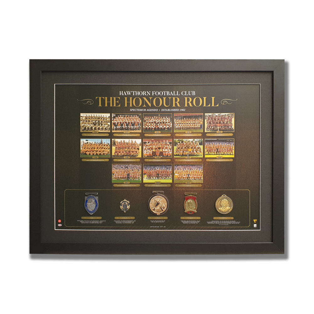A poster containing photos and replica medals won by the Hawthorn Football Club. The poster has been framed in a black frame. Hawthorn merchandise Perth.