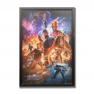 A colourful poster of the Avengers characters surrounded by a black frame