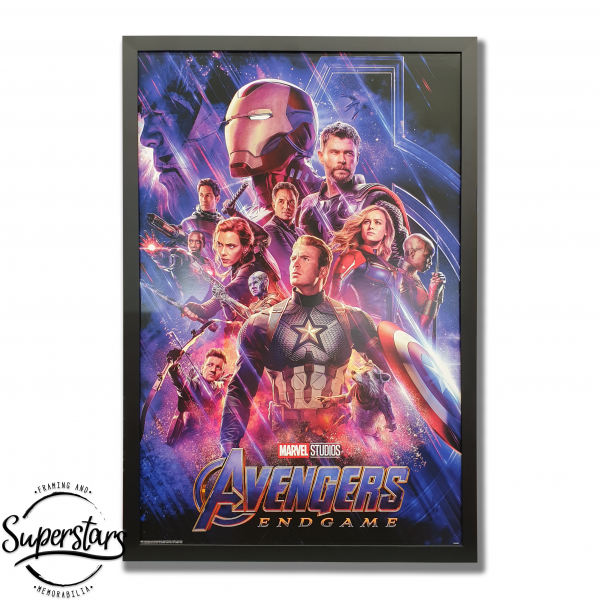 A poster of each of the Avengers characters in red and blue. The poster is surrounded by a black wooden frame. An Avengers Poster perth